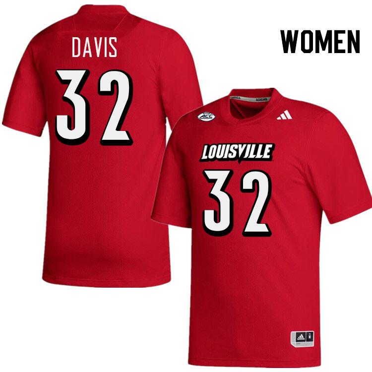 Women #32 Jurriente Davis Louisville Cardinals College Football Jerseys Stitched-Red